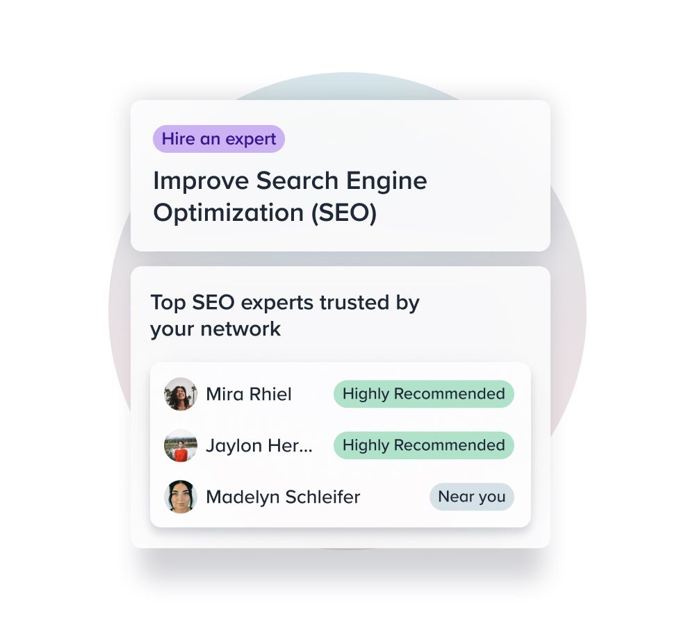 Visualization within Alignable showcasing the platform's feature to find experts across industries. The graphic highlights top SEO experts trusted by your network, indicating highly recommended professionals and those in close proximity to your location.