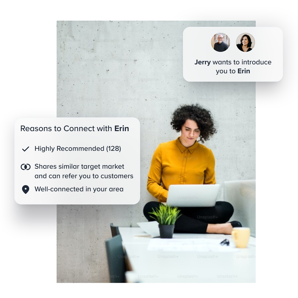 Business owner networking on her laptop. Graphic illustrates her business connection, Jerry, providing a virtual recommendation for her to a valuable connection on Alignable.